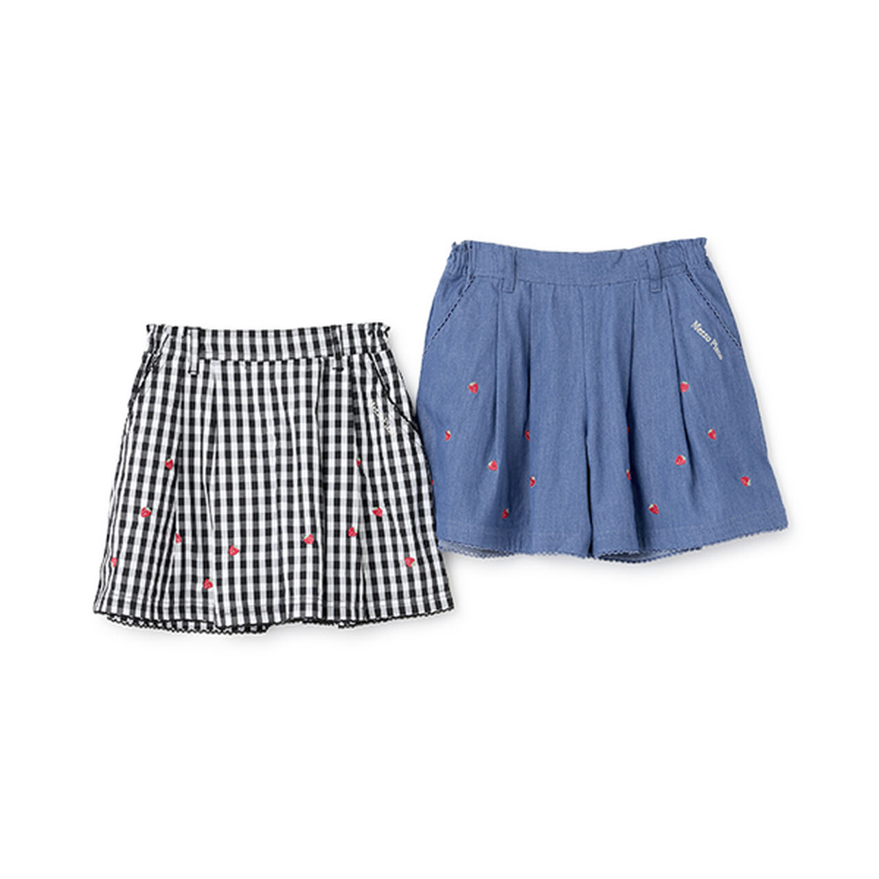 Denim Gingham Strawberry Embroidery Culotte Skirt,Navy, large image number 9