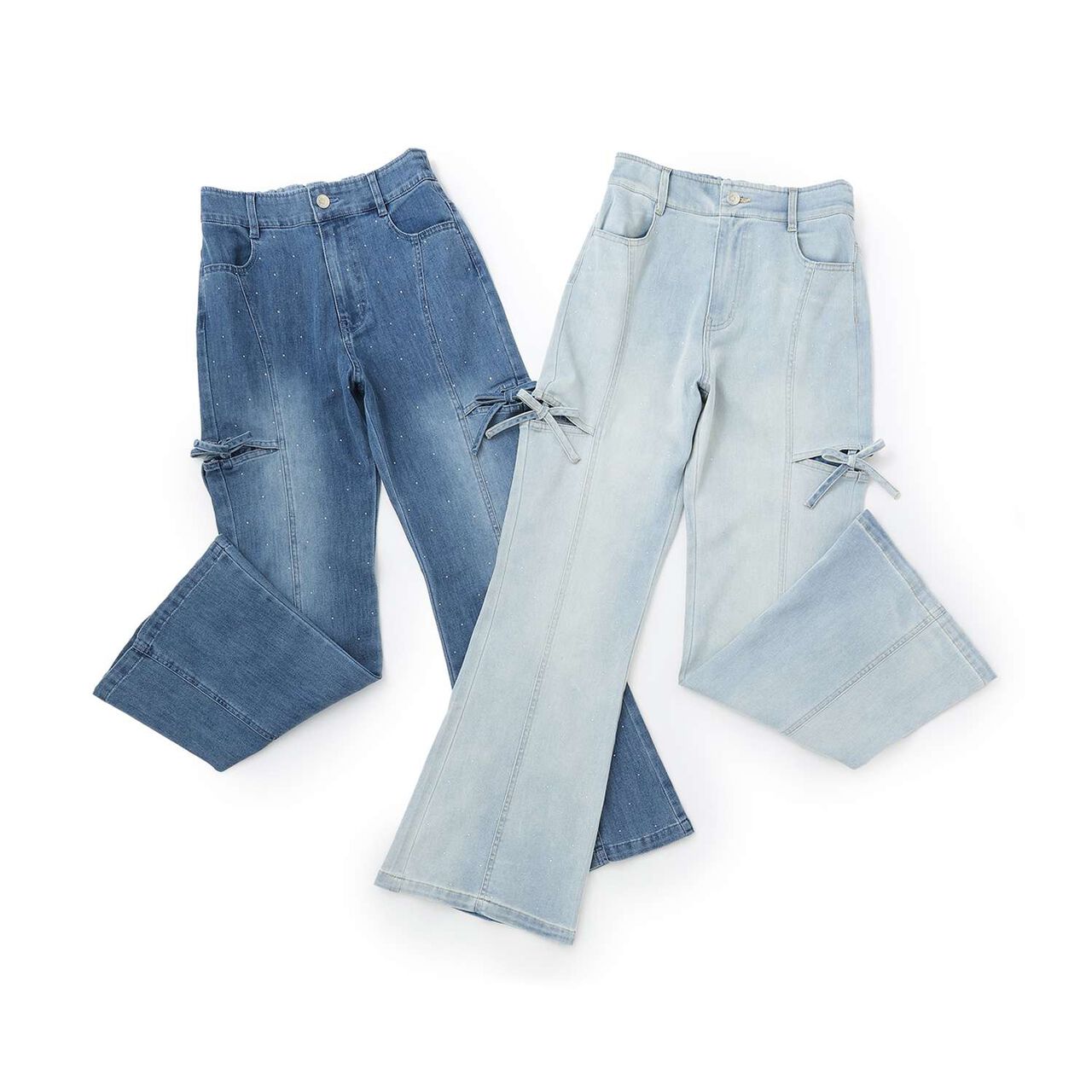 [Cool Touch] Sparkling Flare Denim Pants with Side Slits,Blue, large image number 12