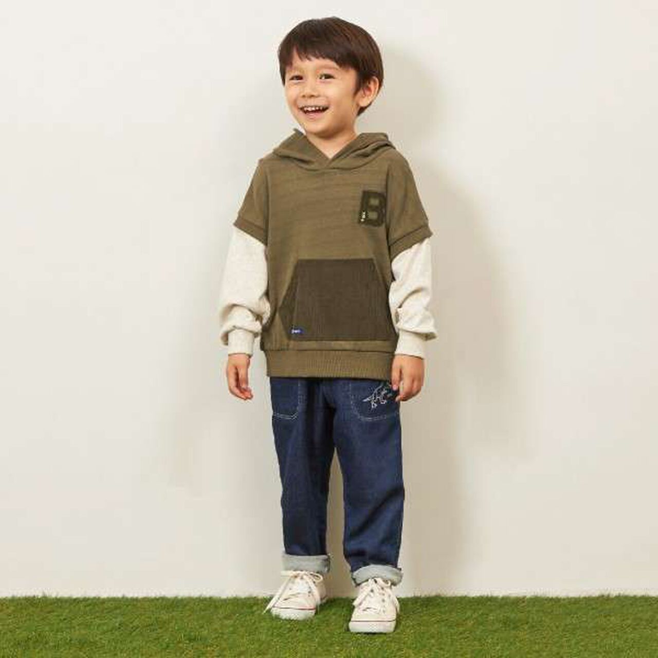 KP Boy Layered Style Hoodie Sweatshirt [110-160],Khaki, large image number 1