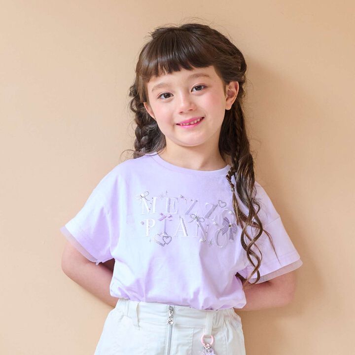 Sparkling Ribbon Logo Embroidered Short Sleeve T-Shirt,Lilac, medium image number 0