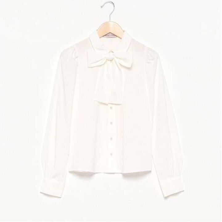 Pearl Button Bow Tie Blouse,Off white, medium image number 0