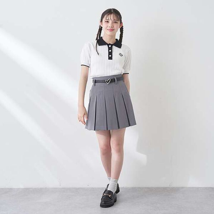 Pleated Skirt with Heart Buckle Belt (with Spats),Beige, medium image number 21