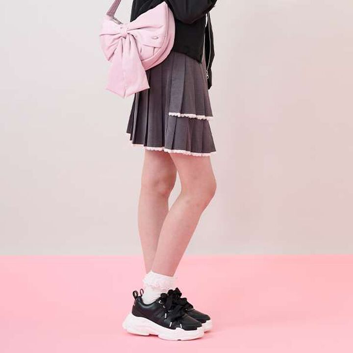 Trim Lace Double Layer Pleated Skirt-Pants,Black, medium image number 15