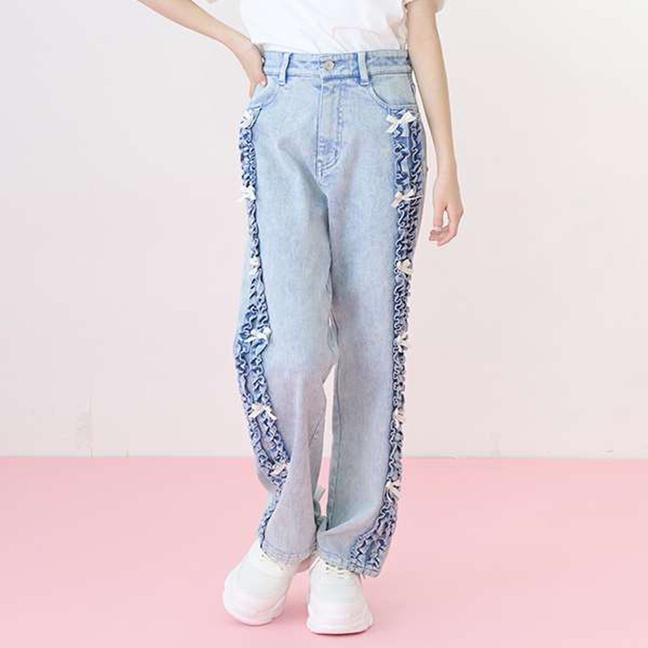 Side Frill Straight Denim Pants,Black, large image number 11