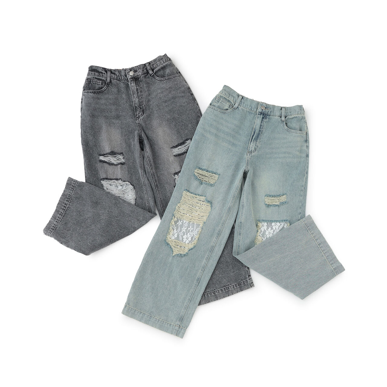 [LTXC] Lace Distressed Denim Wide Pants,Blue, large image number 7