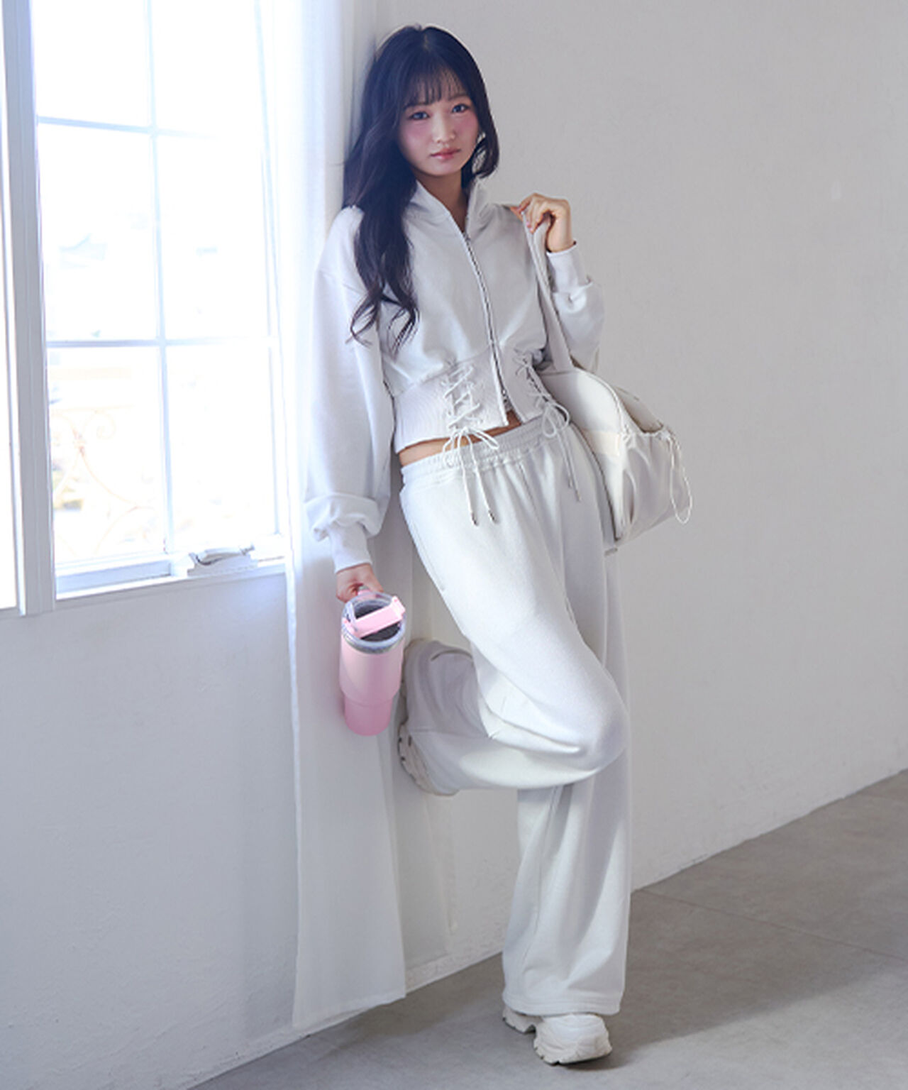 Lace-Up Sweatshirt Hoodie,Off white, large image number 8