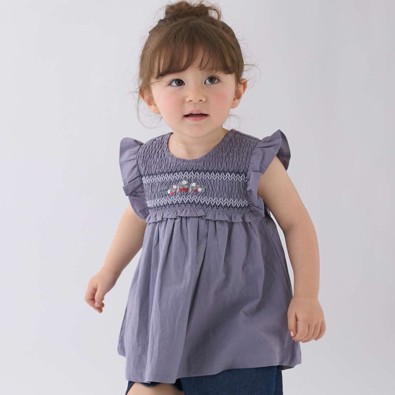 Link Strawberry Embroidery Shirred Tunic,Blue gray, large image number 0