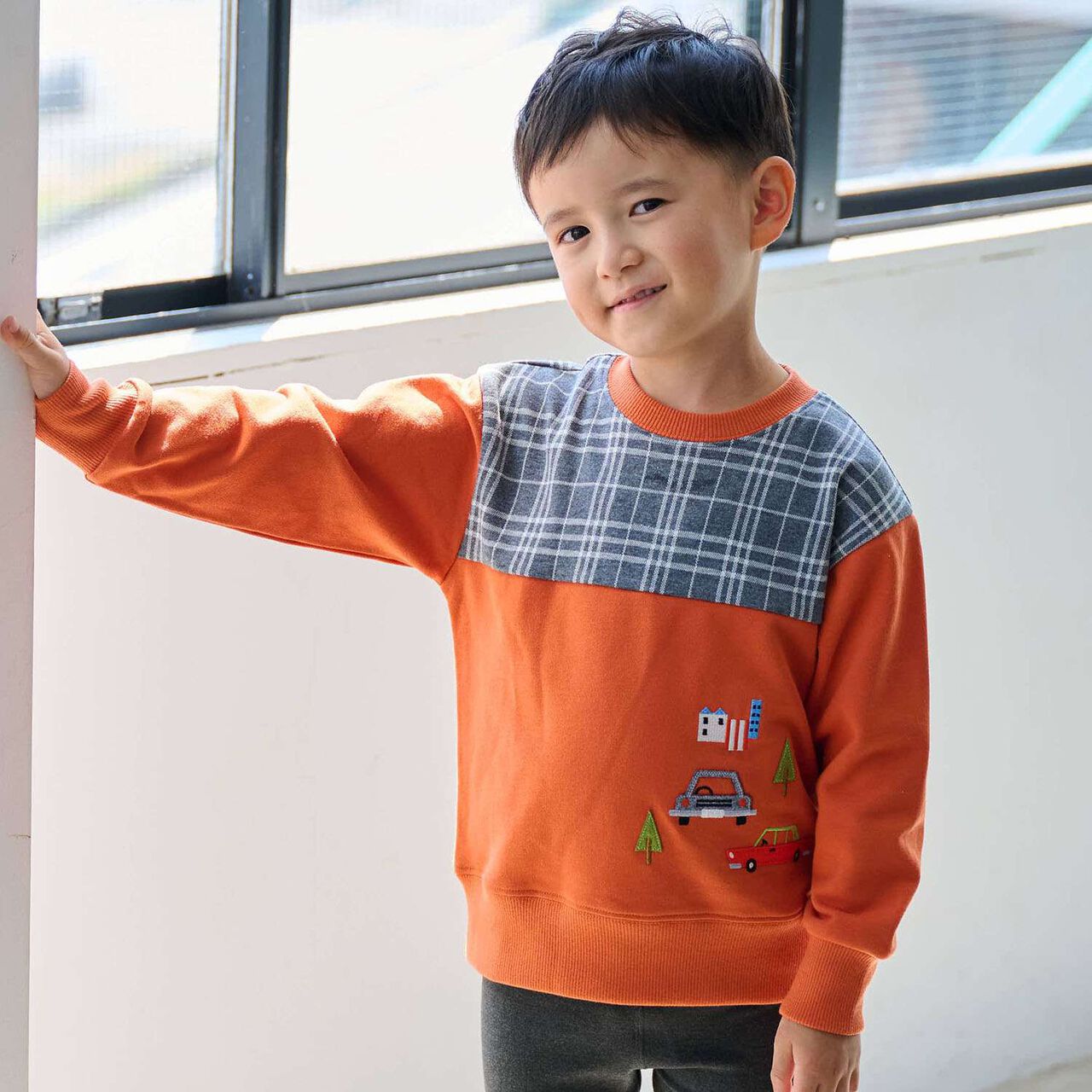 Car Embroidery Checkered Sweatshirt,Orange, large image number 0