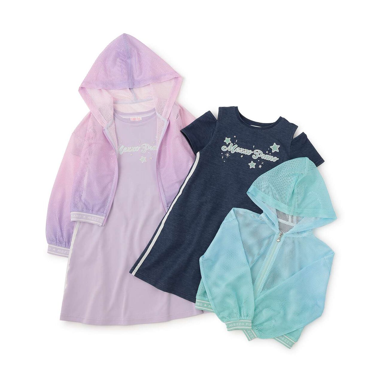 Mesh Zip Parka & Shoulder Opening Cut One-Piece Dress Set,Lavender, large image number 11