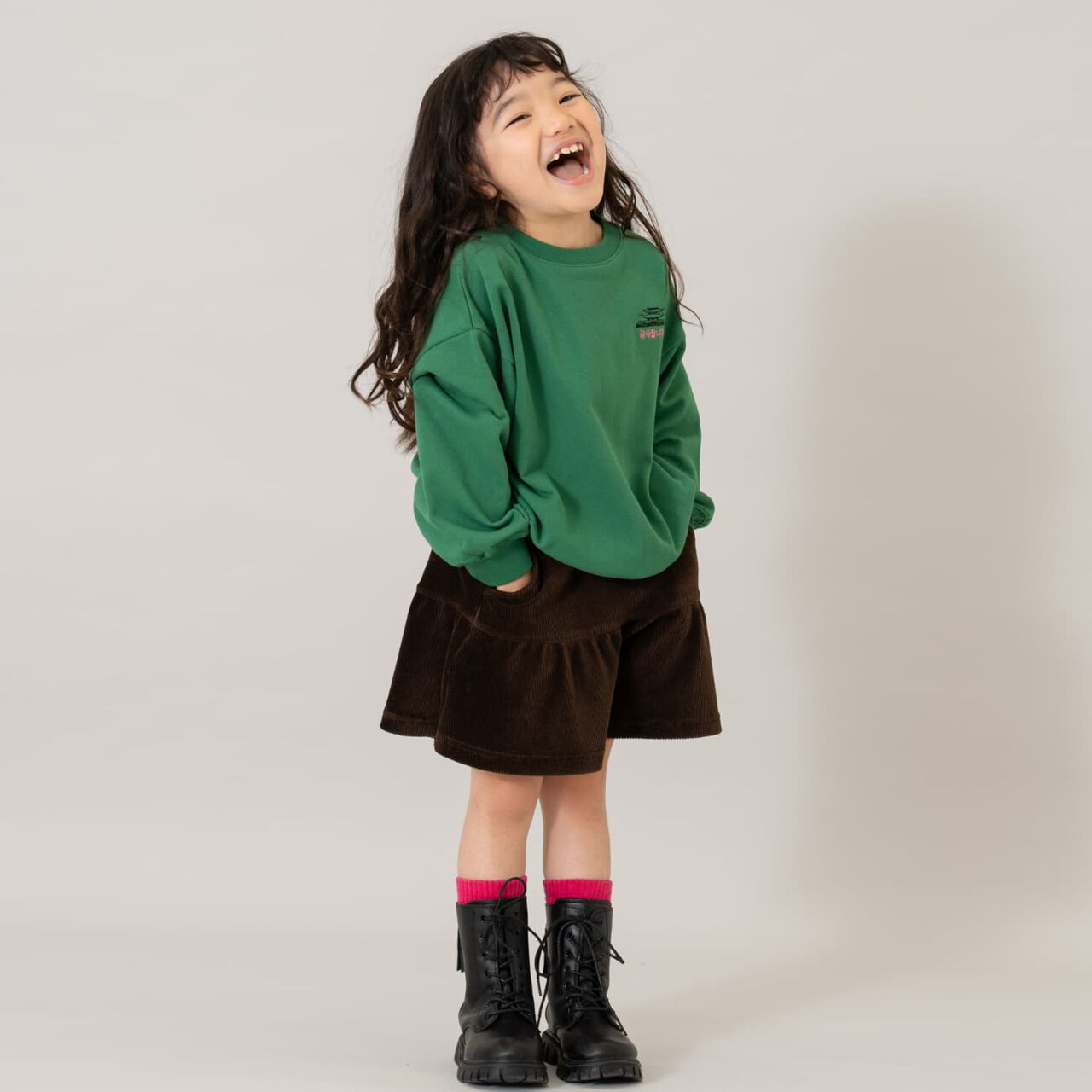 Gathered Cut Corduroy Skirt with Shorts,Deep green, large image number 4