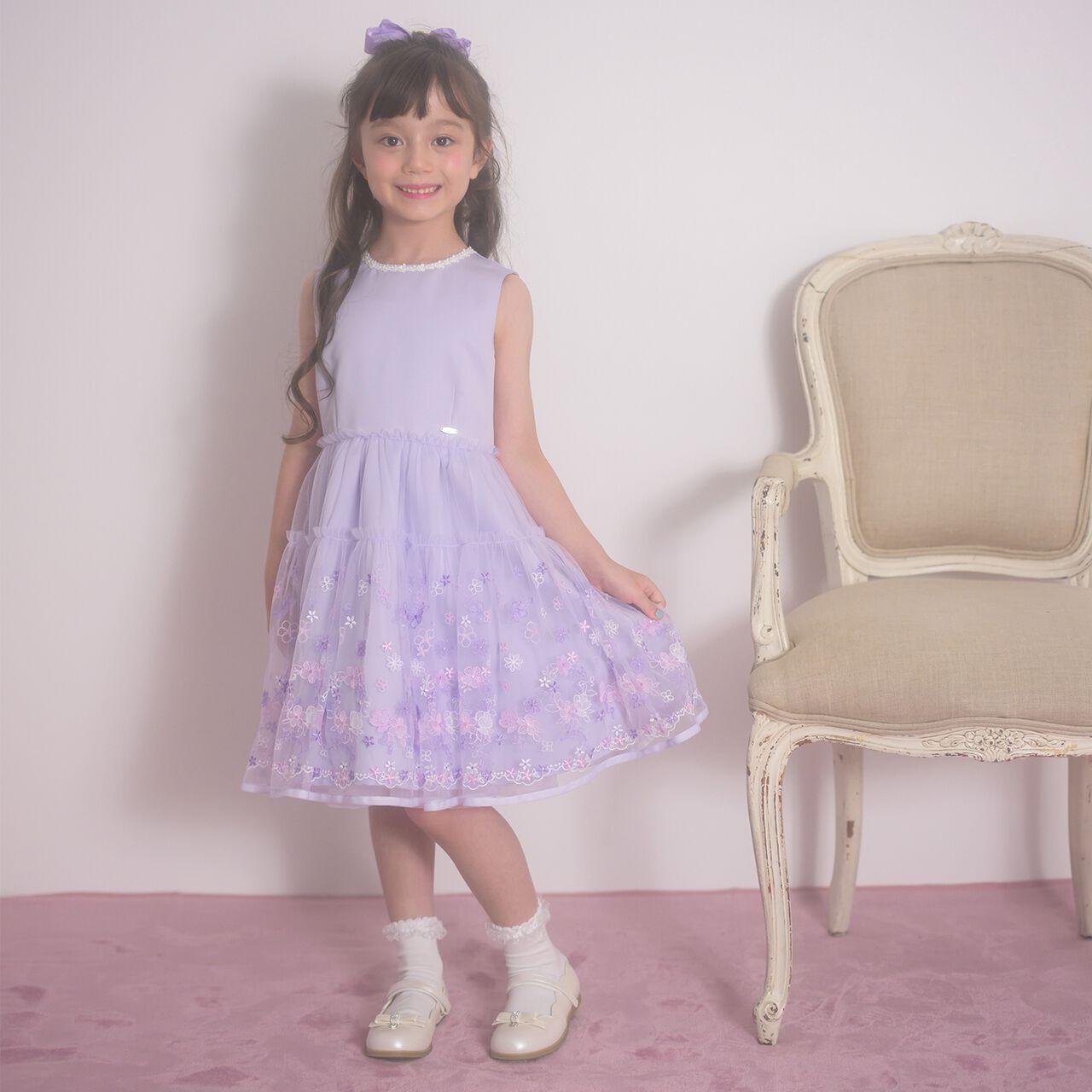 Floral Embroidery Dress & Knit Cardigan Set,Lavender, large image number 2
