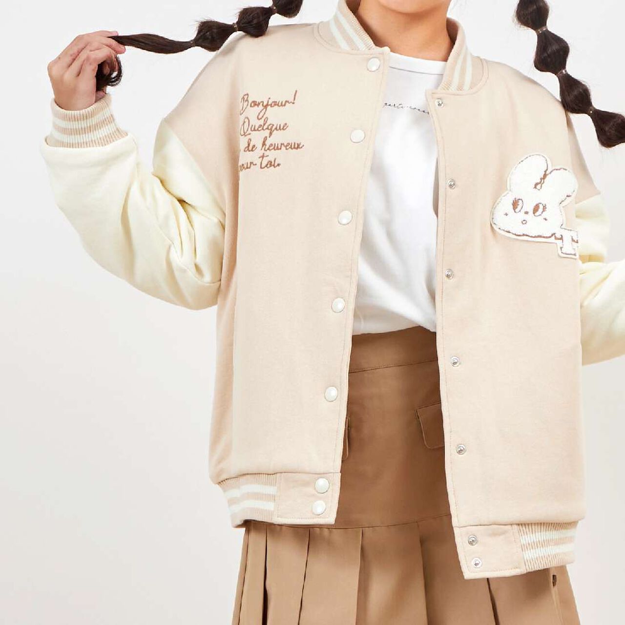 Troislapins Rabbit Patch Varsity Jacket (140-160),Beige, large image number 17