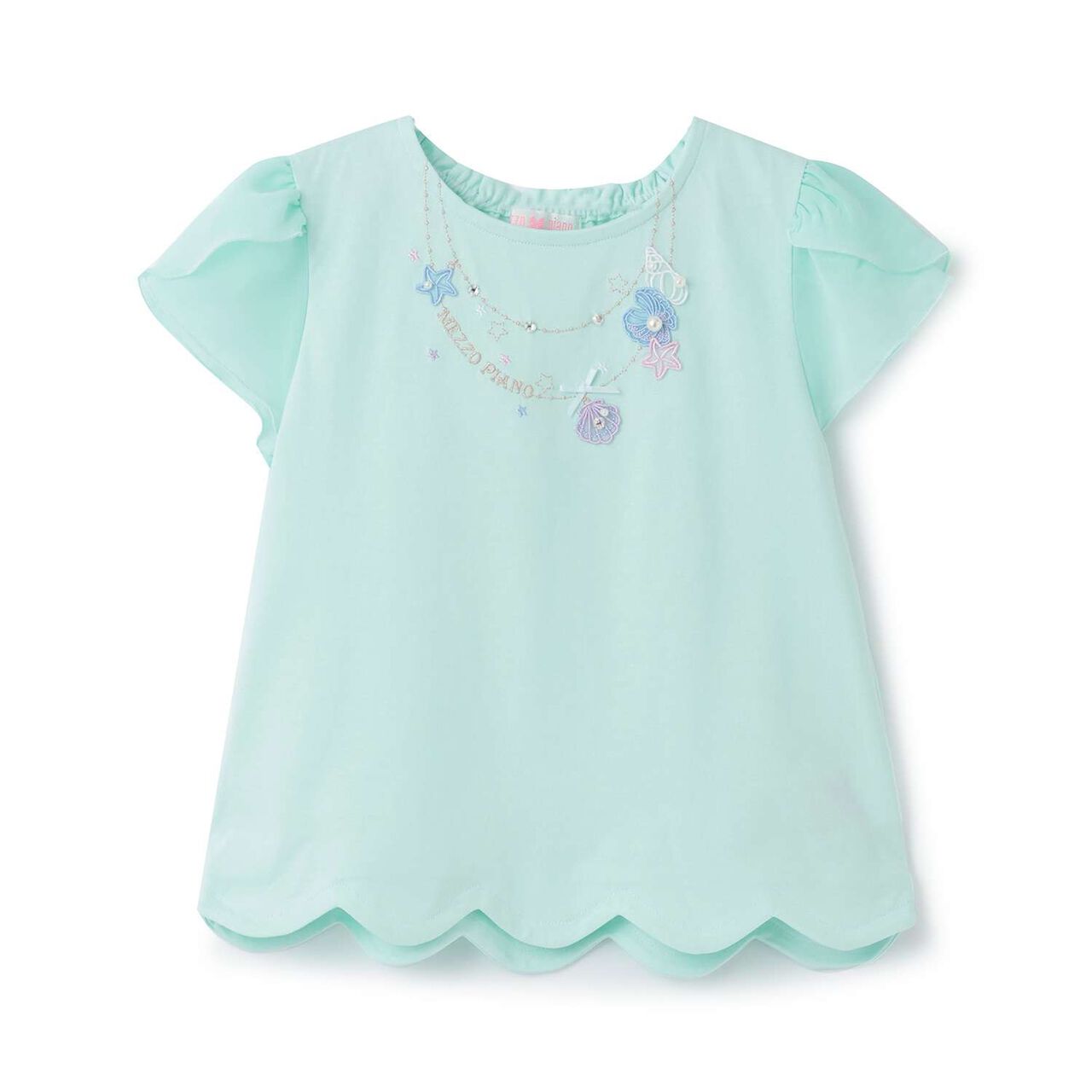 [Restocked] Shell Necklace Embroidery Scalloped Hem T-Shirt,Mint, large image number 0