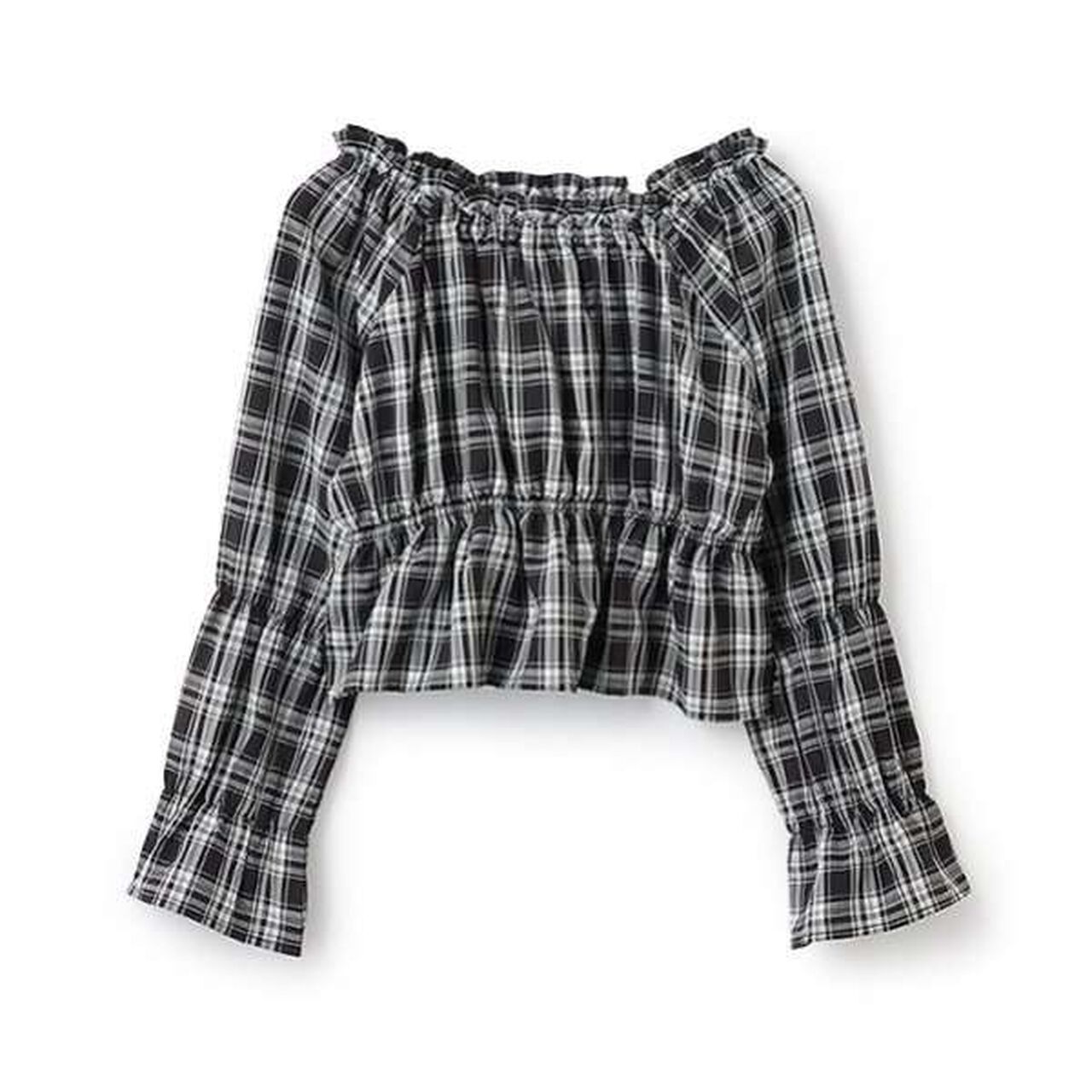 Checked Off-Shoulder Blouse,Brown, large image number 9