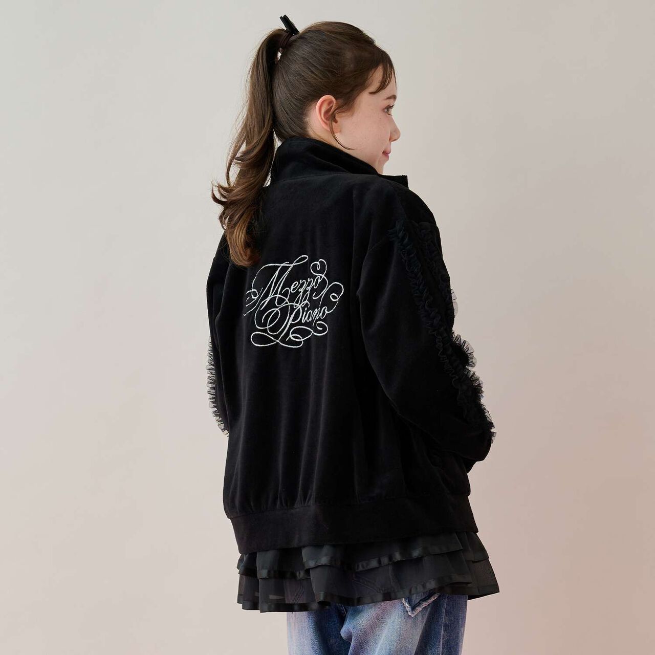 Tulle Frill Velour Jacket,Pink, large image number 17