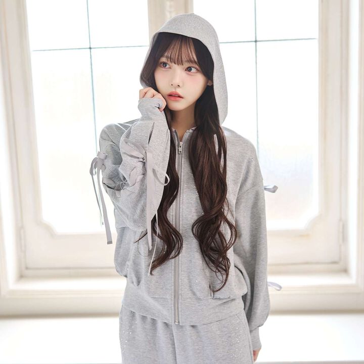 Lace-Up Stone Wash Loose Hoodie,Black, medium image number 2