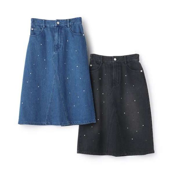 Pearl & Rhinestone Denim Midi Skirt,Black, medium image number 14
