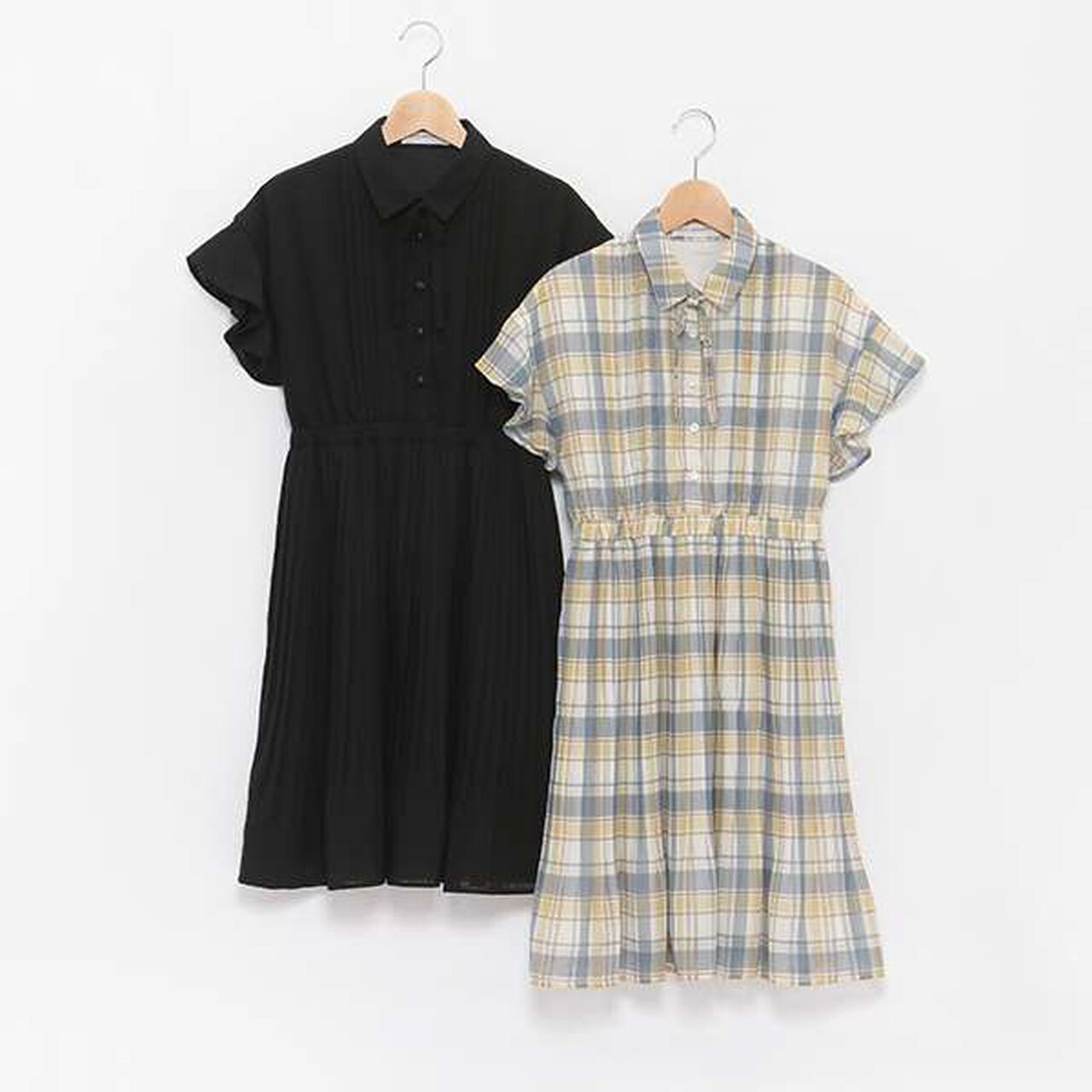 Collared Pleated One-Piece Dress,Black, large image number 3