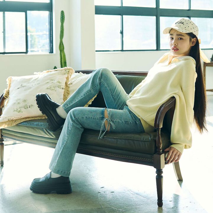 Stretch Slit Ribbon Flare Denim Pants,, medium