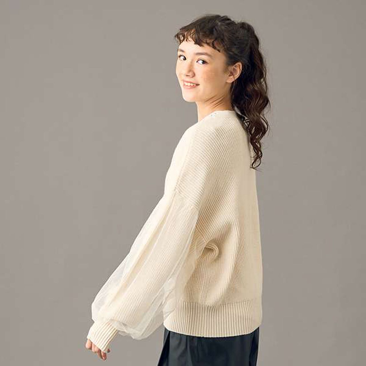 [AMI] Overlay Tulle Sleeve V-Neck Cardigan,Ivory, large image number 12