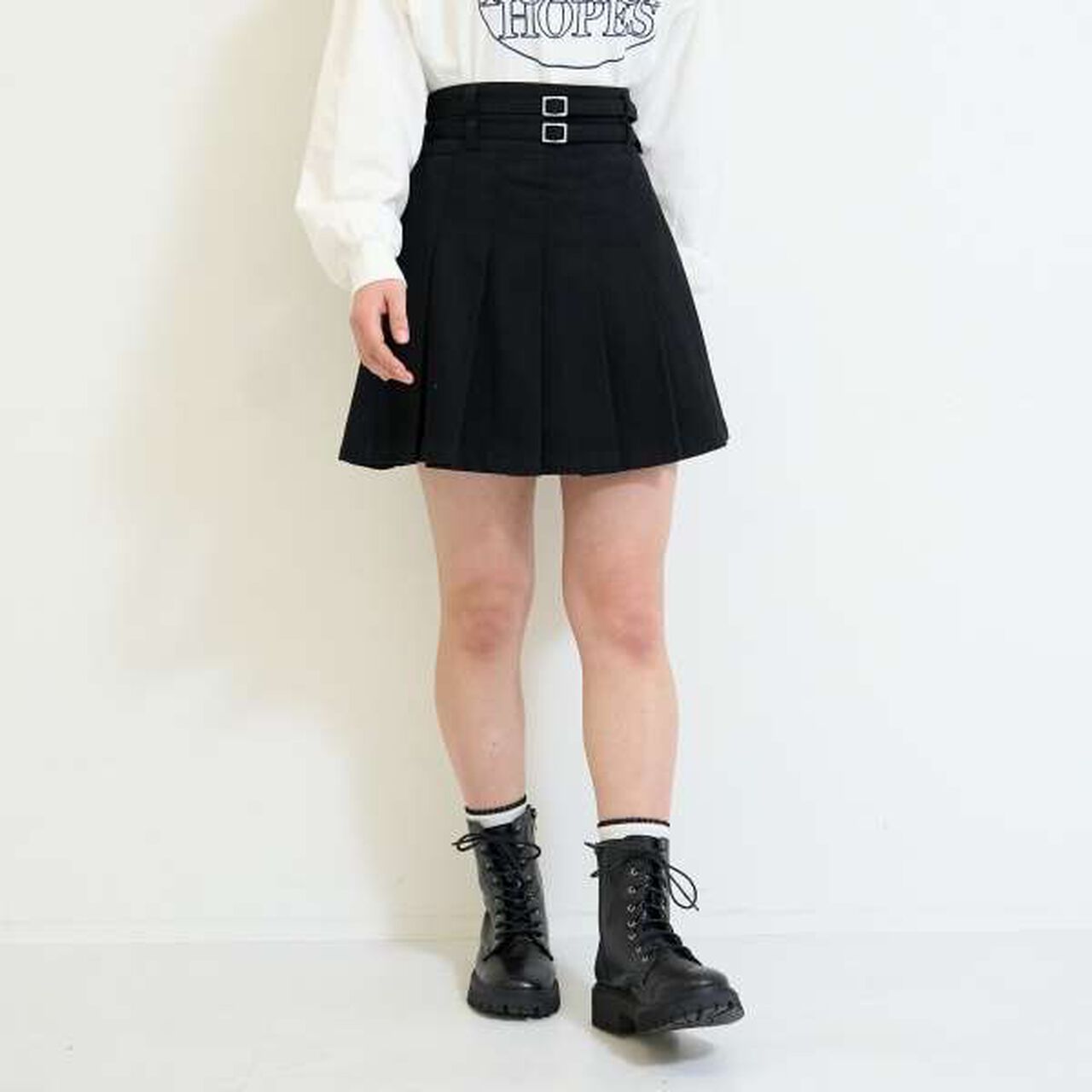 [LTXC] Double Belt Denim Pleated Skirt,Black, large image number 10