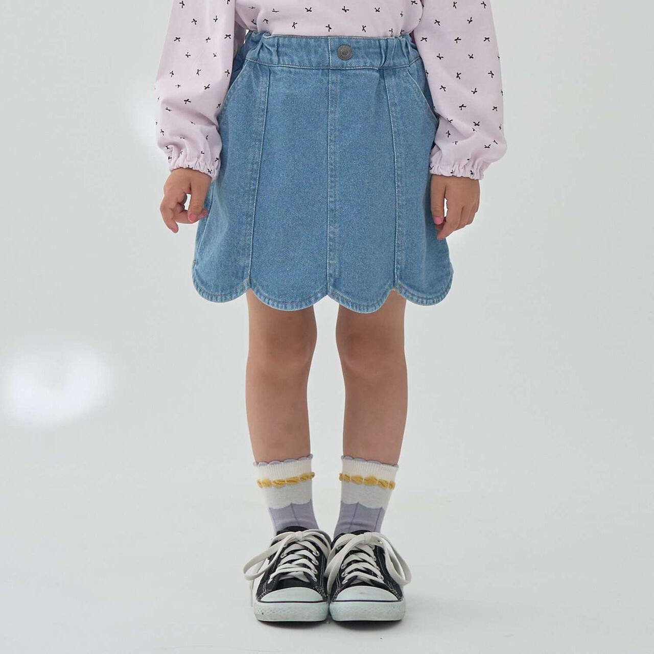 Stretch Denim Scallop Trim Skirt with Shorts,Sax blue, large image number 0