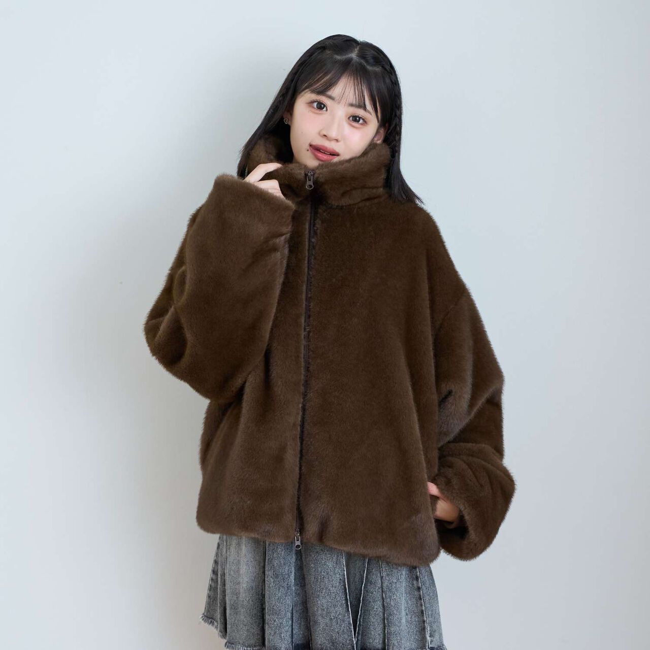 Double Zipper Faux Fur Bomber Jacket,Off white, large image number 6