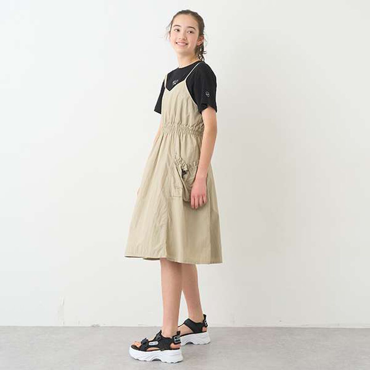 Gathered Camisole One-Piece Dress + T-Shirt Set,Beige, large image number 1