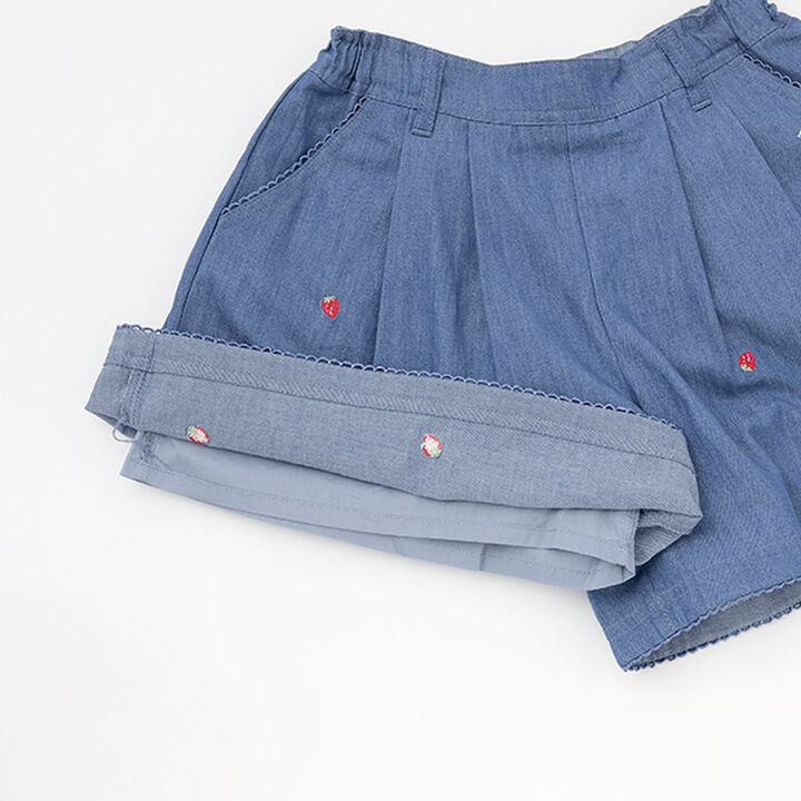 Denim Gingham Strawberry Embroidery Culotte Skirt,Navy, medium image number 7