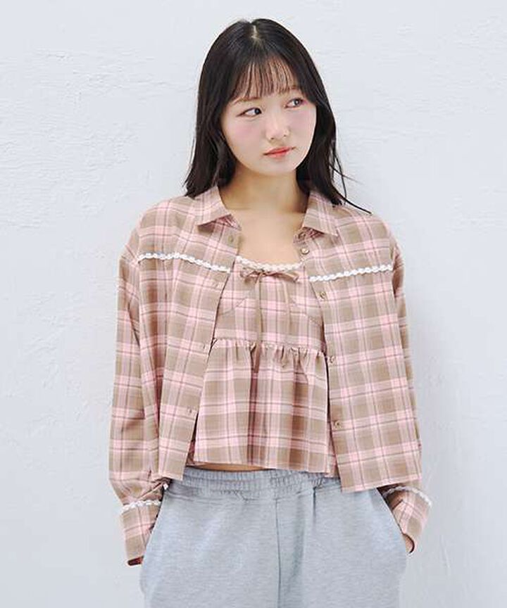 Checkered Shirt & Bustier Set,Pink, medium image number 1