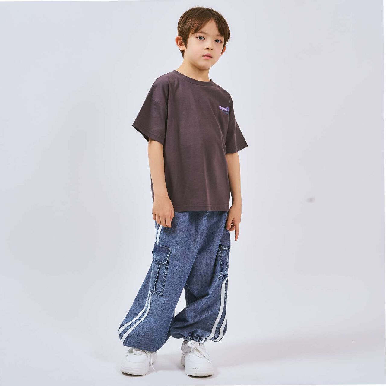 [Elastic Hem] Striped Denim Cargo Pants,Black, large image number 3