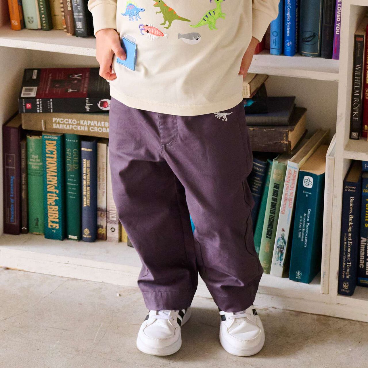 Dinosaur Embroidery Long-Length Wide Straight Pants,Charcoal gray, large image number 0