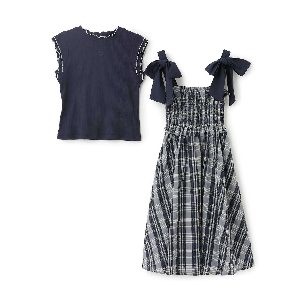 [Restocked] Shoulder Ribbon Jumper Skirt & Melow Inner Set,Black, large image number 2