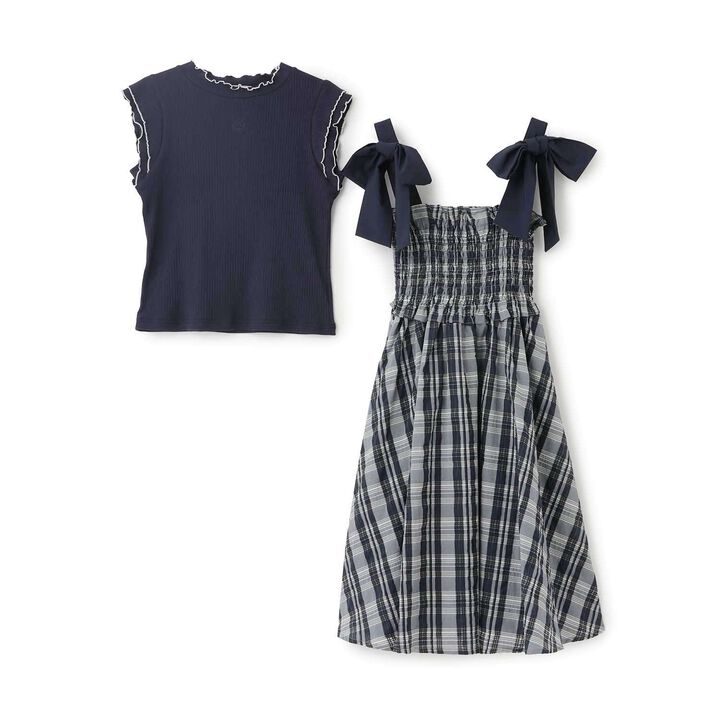 [Restocked] Shoulder Ribbon Jumper Skirt & Melow Inner Set,Black, medium image number 2