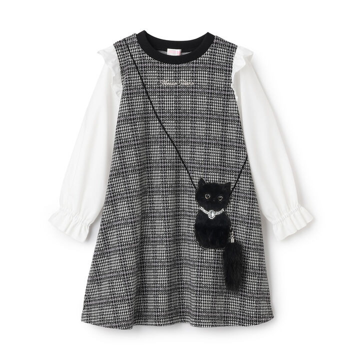 Cat Pochette-Style Check Jacquard One-Piece Dress,Sax blue, medium image number 3
