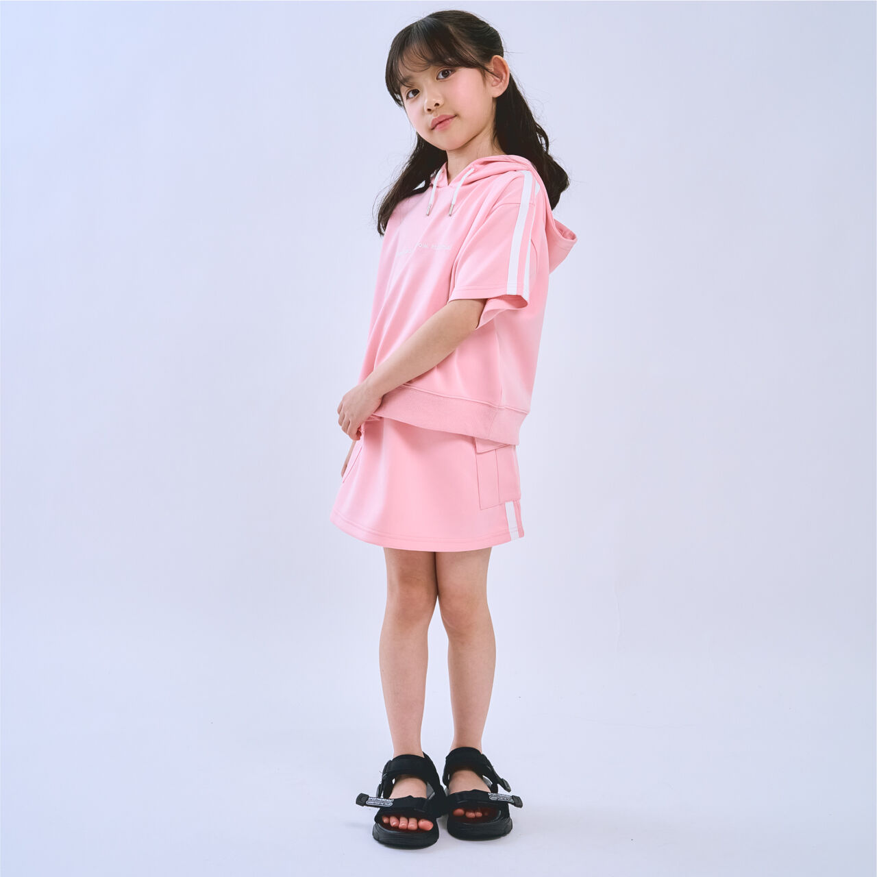 [Cool Touch] Striped Short-Sleeve Hoodie Outfit Set,Red, large image number 3