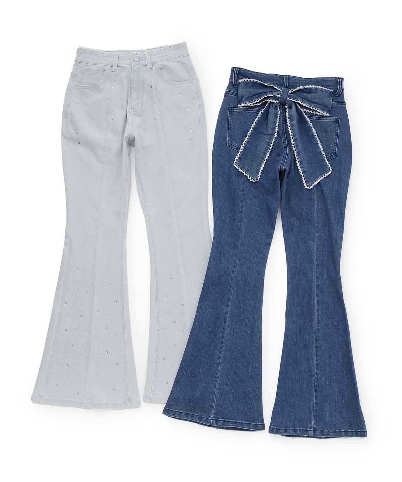 Back Ribbon Stone Flare Denim Pants,Light blue, large image number 13