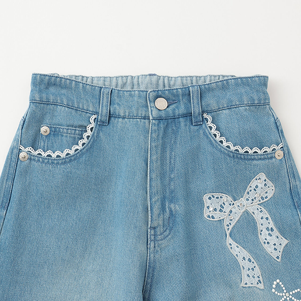 Lace Appliqué Slim Fit Loose Straight Denim Pants,Light blue, large image number 3