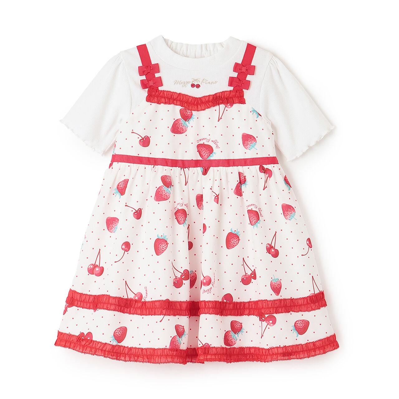 Strawberry Cherry Polka Dot Docking Dress & Bloomers Set,Off white, large image number 0