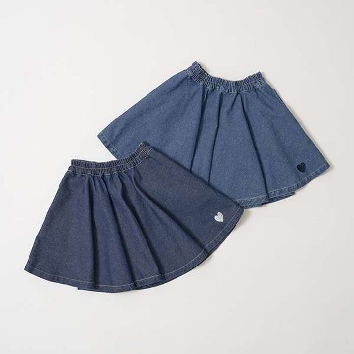 Soft Denim Heart Embroidery Flare Skirt,Blue, medium image number 1