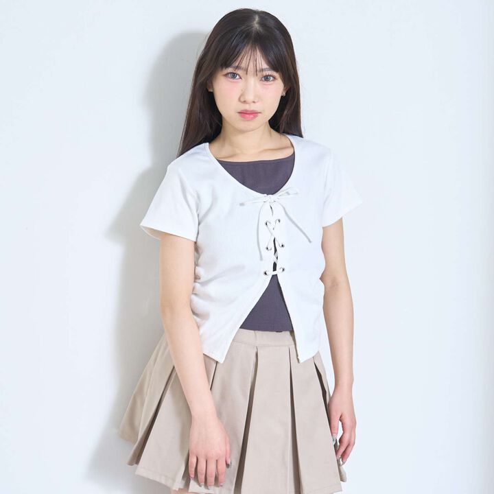 Lace-Up Ribbed Short-Sleeve T-Shirt,Top gray, medium image number 4