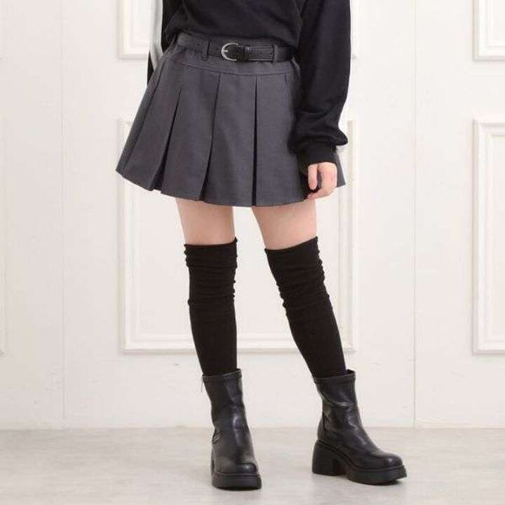 Pleated Skirt with Belt,Charcoal gray, medium image number 0