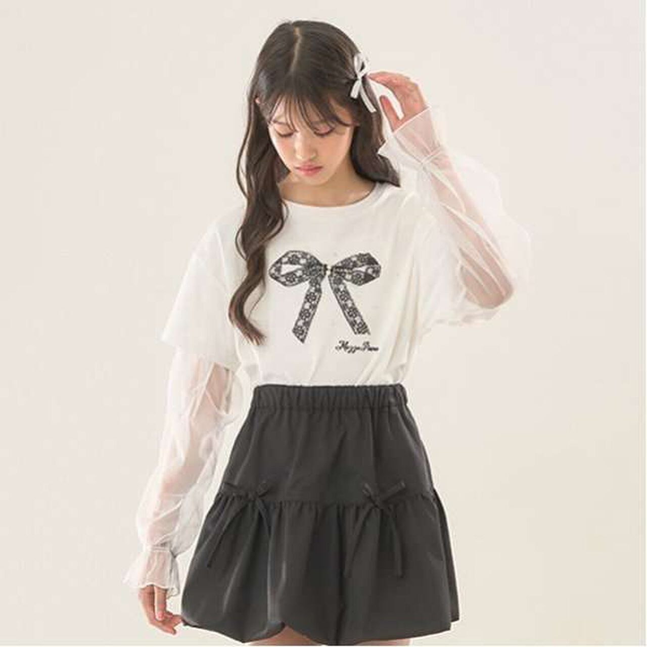 Tulle Layered Sleeve T-Shirt,Light pink, large image number 4