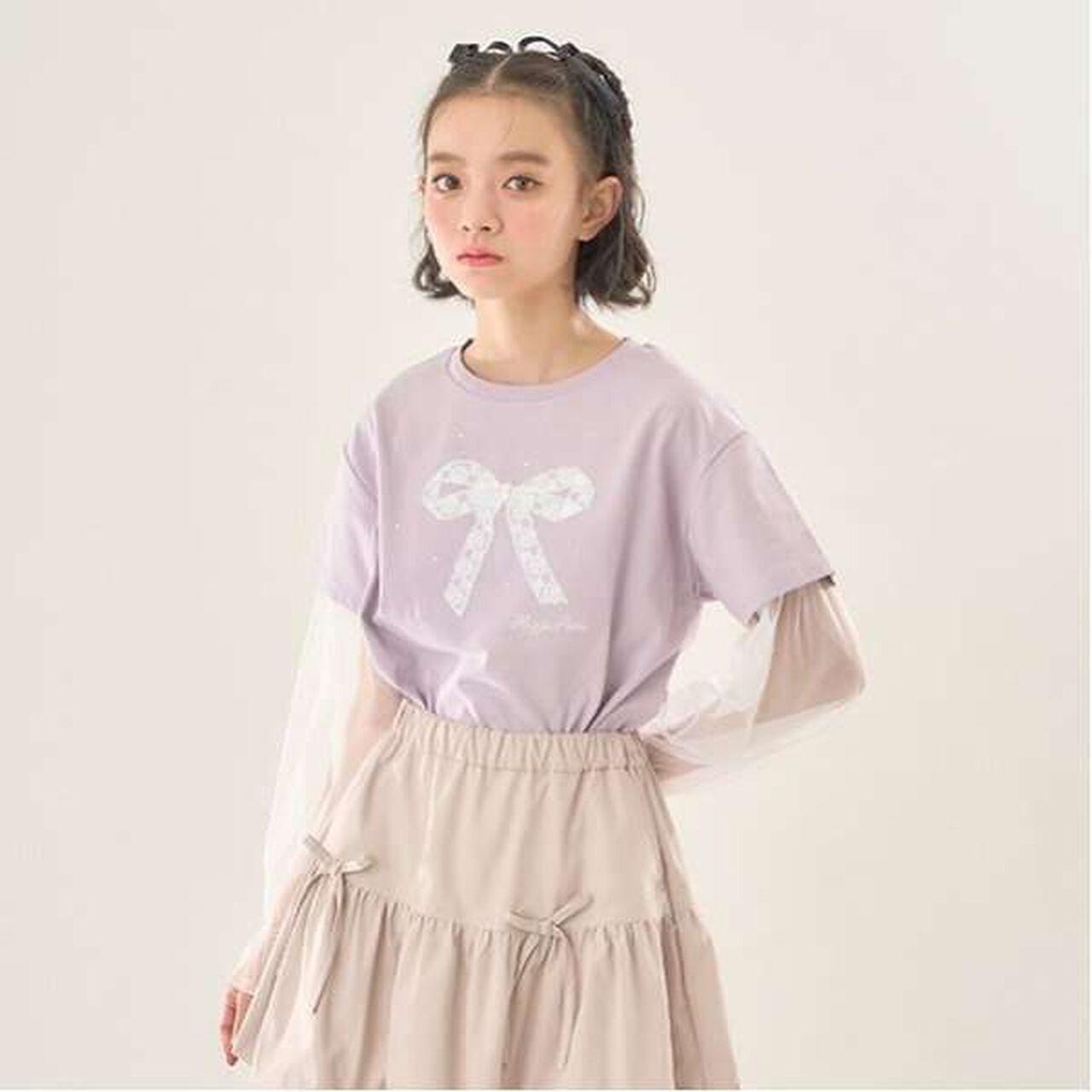 Tulle Layered Sleeve T-Shirt,Light pink, large image number 7