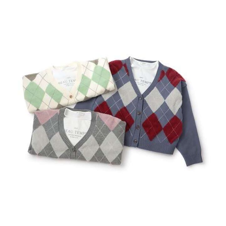 Argyle Shaggy Cardigan T-Shirt Set,Gray, medium image number 3
