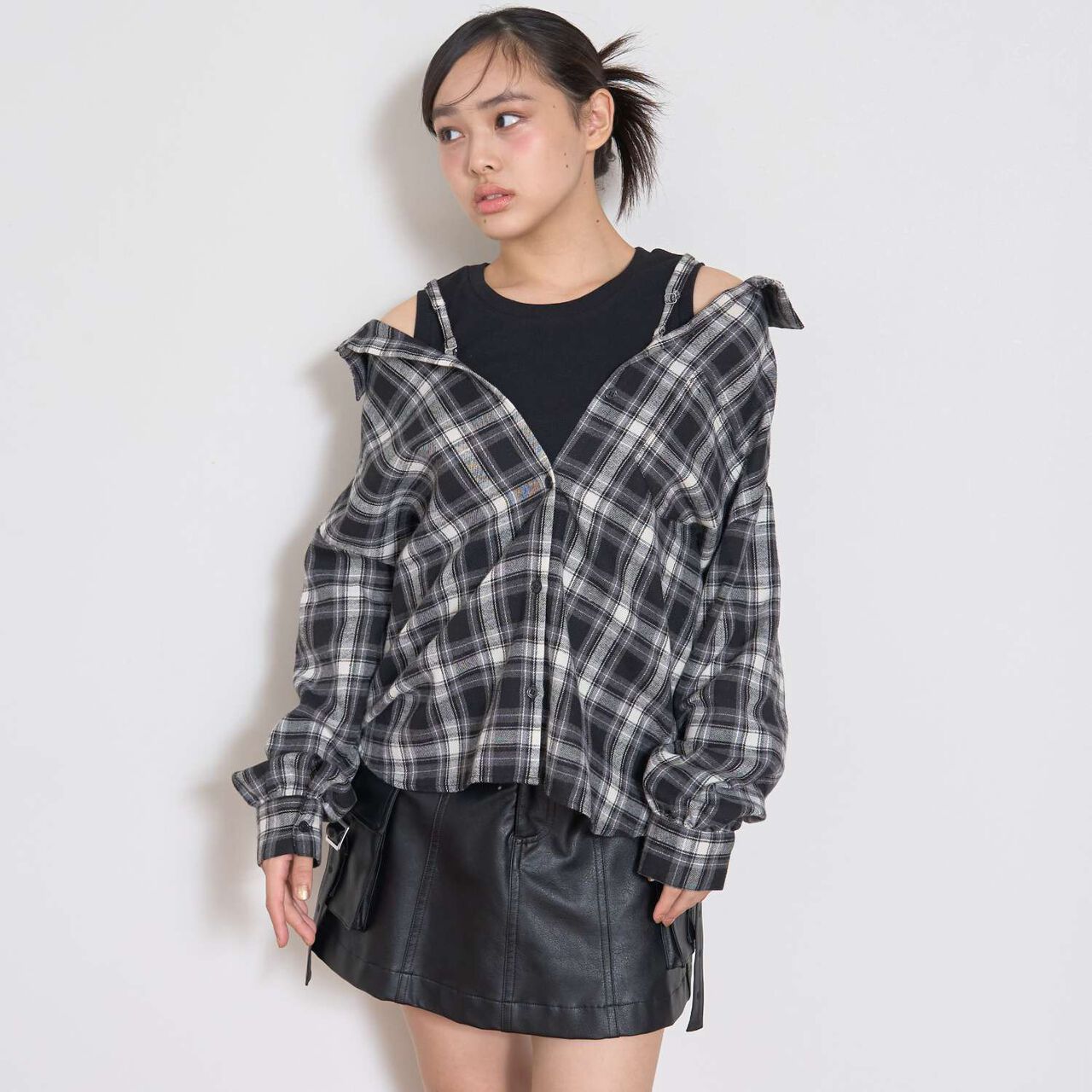 2 WAY Long-Sleeve Checkered Shirt Set,Black, large image number 19