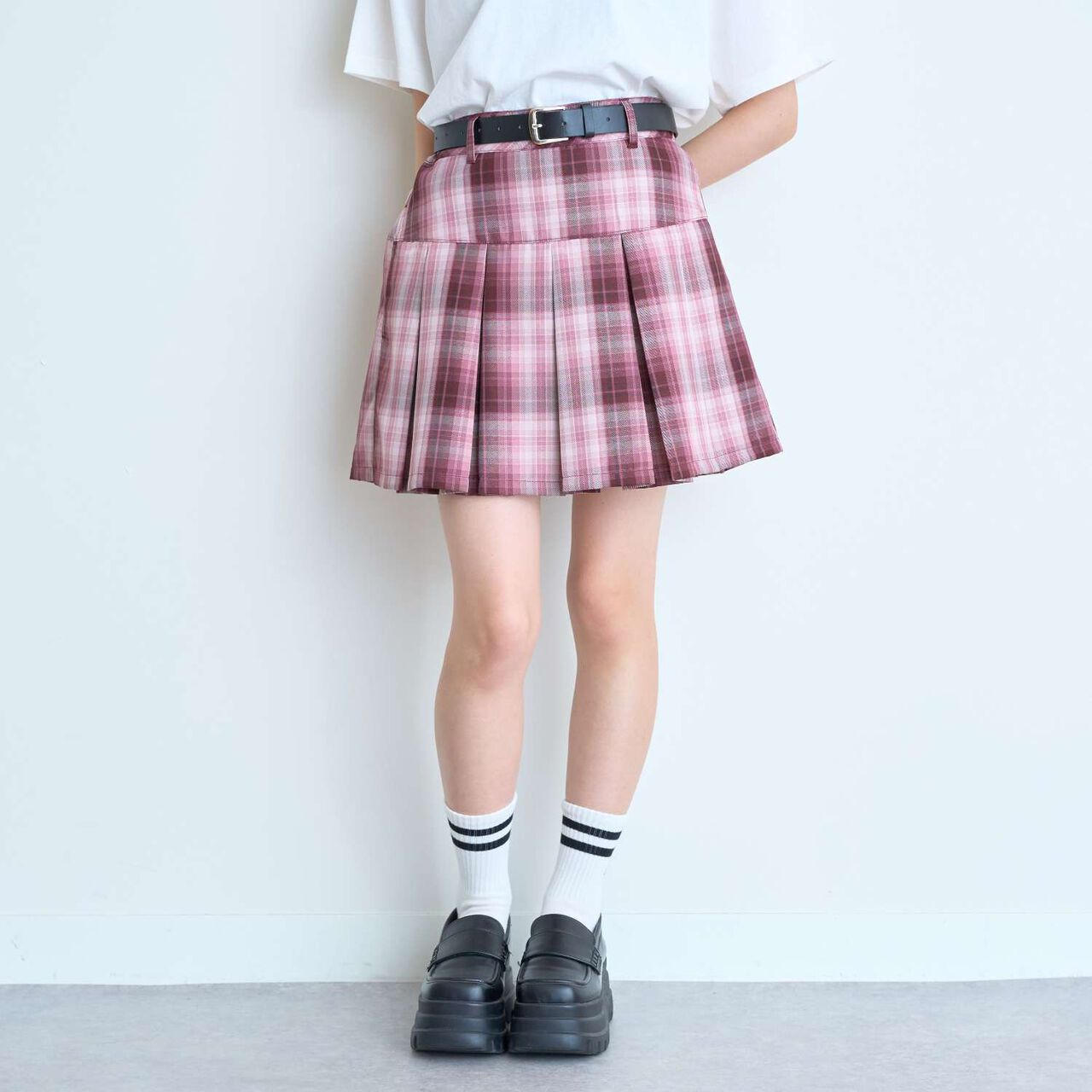 [Easy Care] Check Pleated Skirt with Belt,Pink, large image number 3