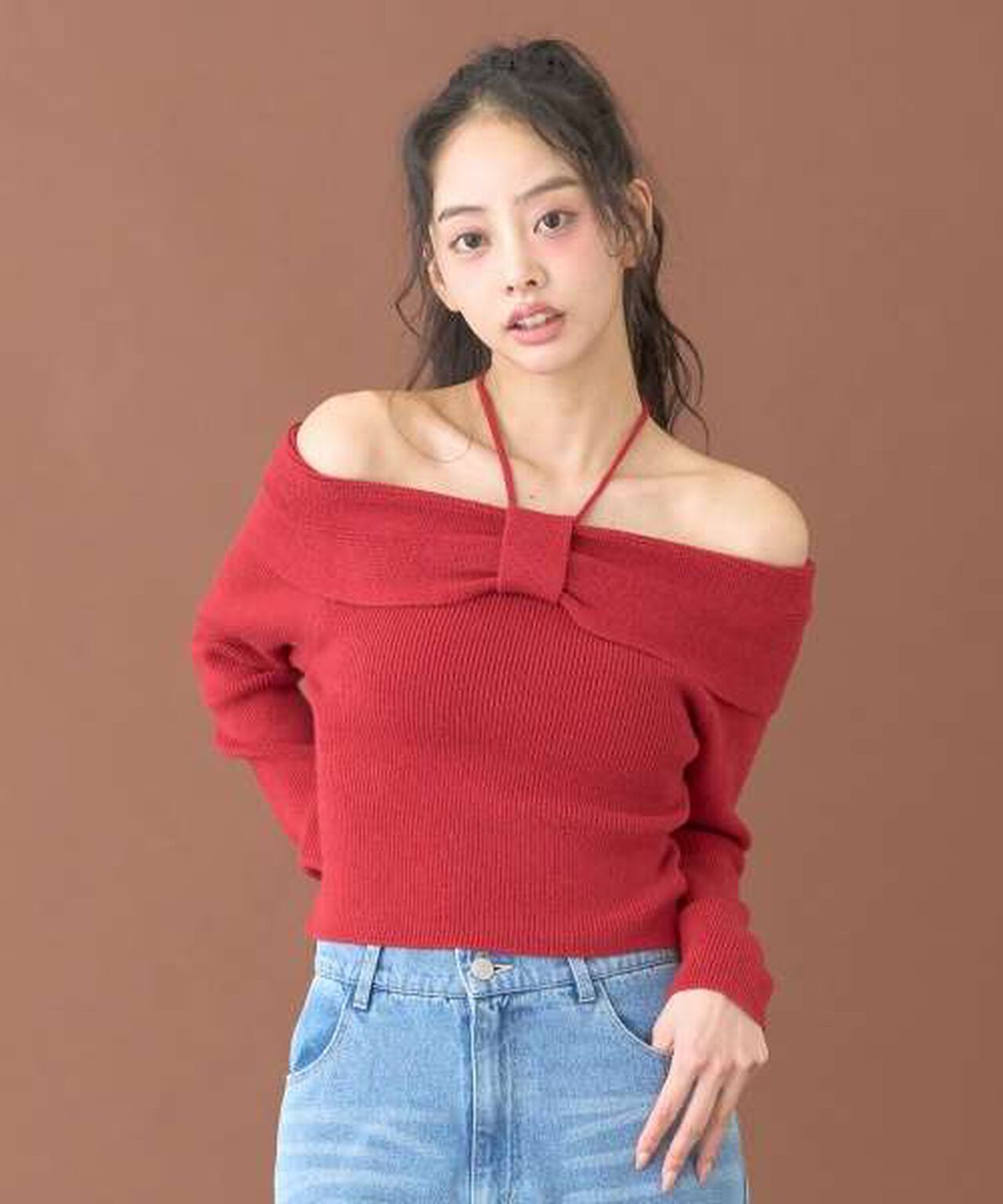 Ribbon Off-Shoulder Knit Pullover [Korean Fashion],Red, large image number 1