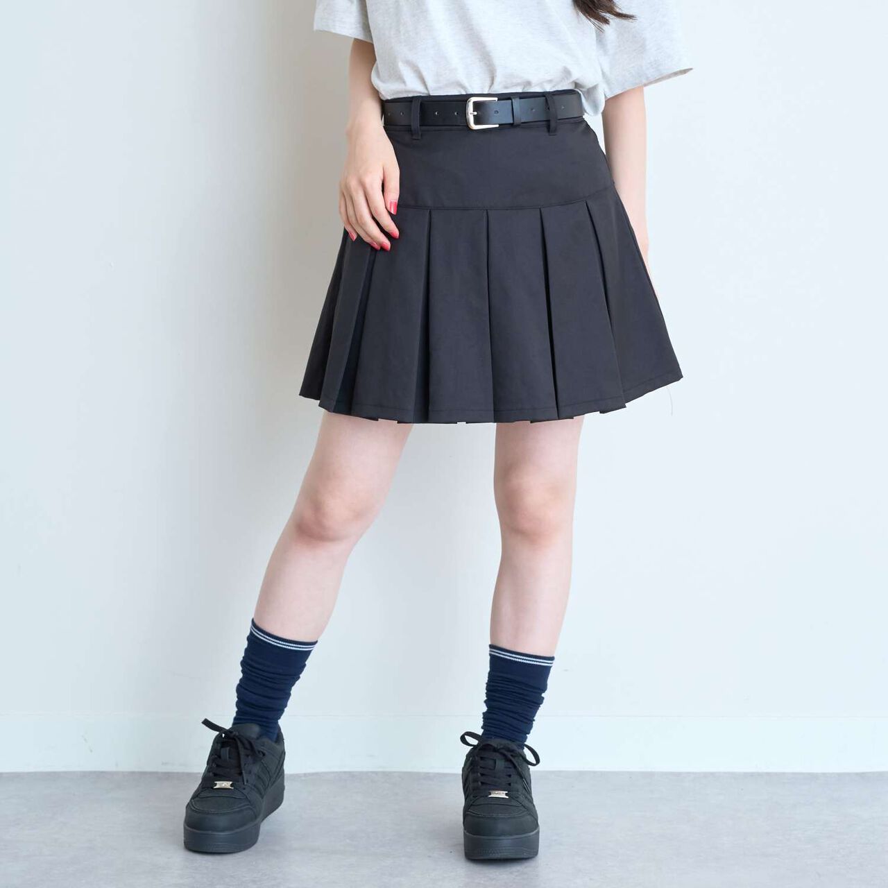 [Easy Care] Pleated Skirt with Belt,Black, large image number 7