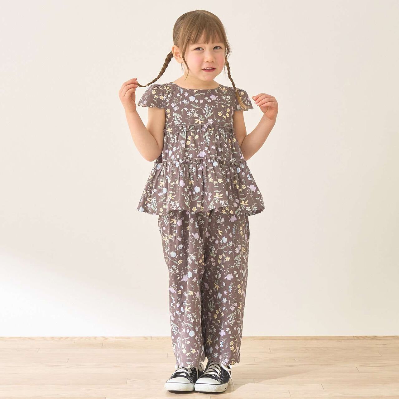 Assorted All-Over Pattern Tiered Blouse & Scallop Trim Pants Set,Dark brown, large image number 0